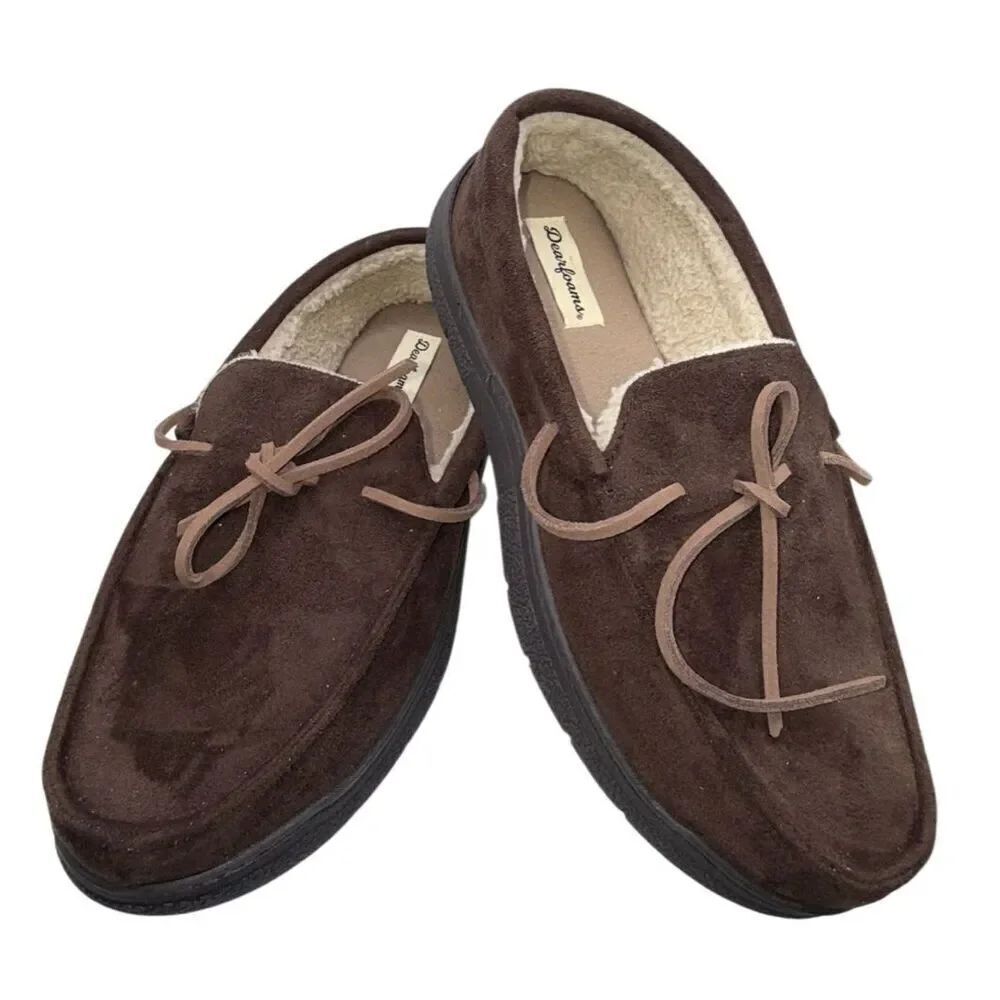 Dearfoams Men’s Microsuede Toby Moccasin Slippers Coffee Sz. M 9/10 Fleece Lined